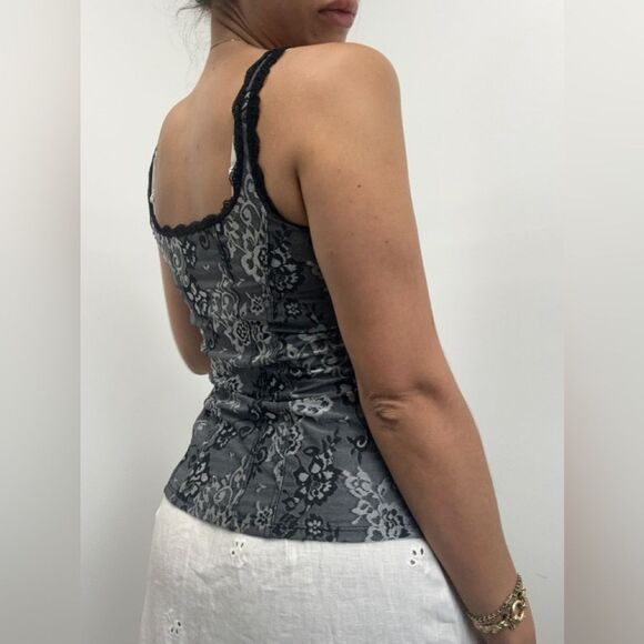 Y2K WHBM Gray Baroque Floral Corset Fitted Tank Lace Trim Cami Size S - Picture 9 of 9